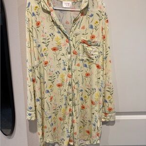 In My Sundays Pastel Yellow Floral Button-Up Night Shirt Sleep Dress size Large